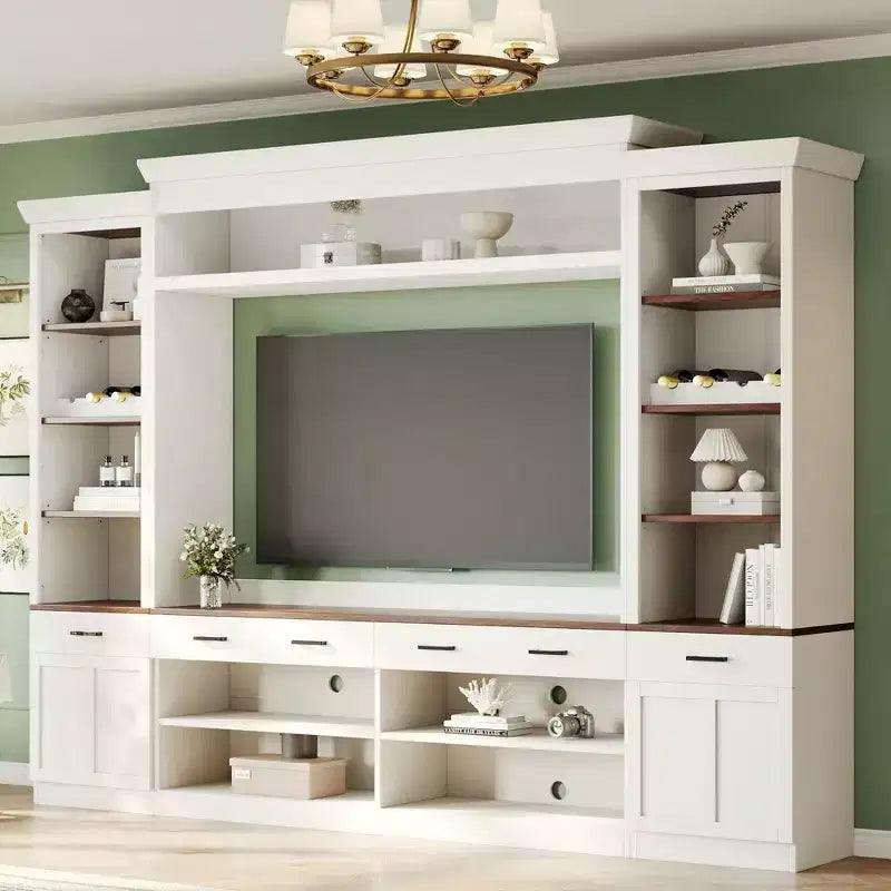 Meuble TV mural avec pont pour téléviseur de 70 pouces, grand meuble console multimédia du milieu du siècle avec bibliothèque et étagères réglables