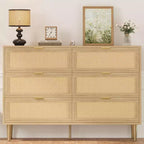 Commode 6 tiroirs en rotin avec pieds et poignées dorés, commode double large moderne avec grand plateau et dispositif anti-basculement pour chambre et salon