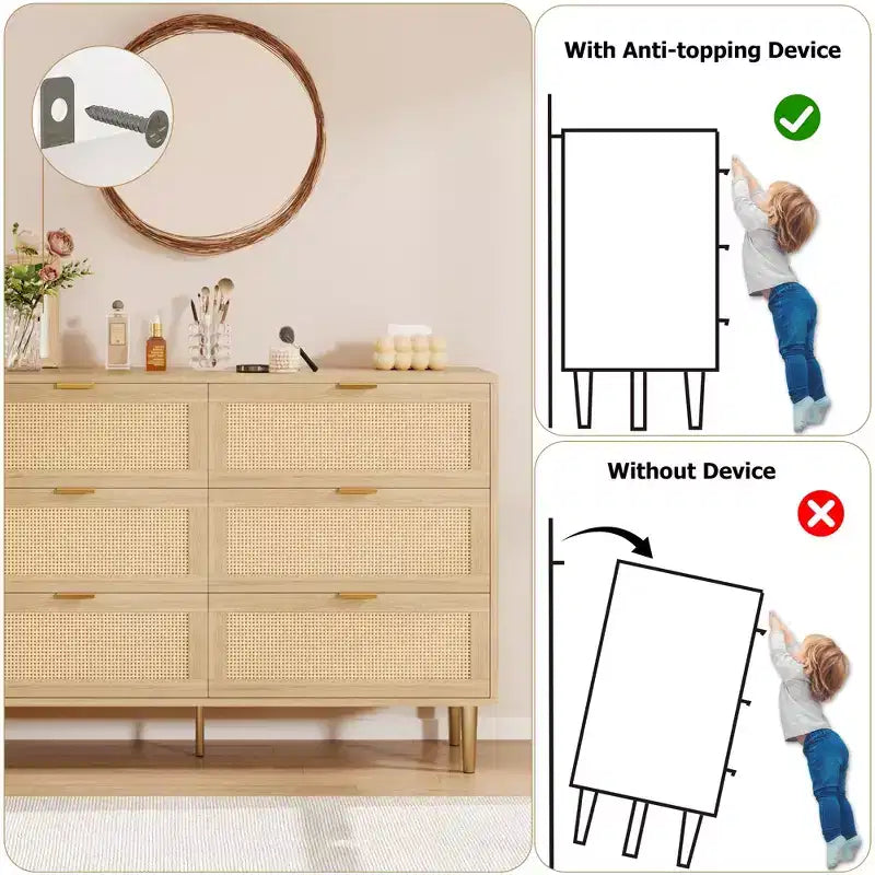 Commode 6 tiroirs en rotin avec pieds et poignées dorés, commode double large moderne avec grand plateau et dispositif anti-basculement pour chambre et salon