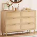 Commode 6 tiroirs en rotin avec pieds et poignées dorés, commode double large moderne avec grand plateau et dispositif anti-basculement pour chambre et salon