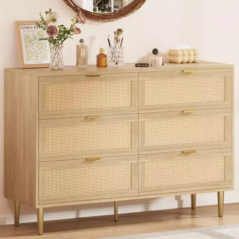 Commode 6 tiroirs en rotin avec pieds et poignées dorés, commode double large moderne avec grand plateau et dispositif anti-basculement pour chambre et salon