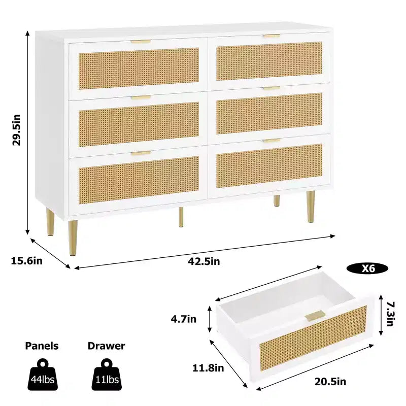 Commode 6 tiroirs en rotin avec pieds et poignées dorés, commode double large moderne avec grand plateau et dispositif anti-basculement pour chambre et salon