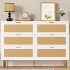 Commode 6 tiroirs en rotin avec pieds et poignées dorés, commode double large moderne avec grand plateau et dispositif anti-basculement pour chambre et salon