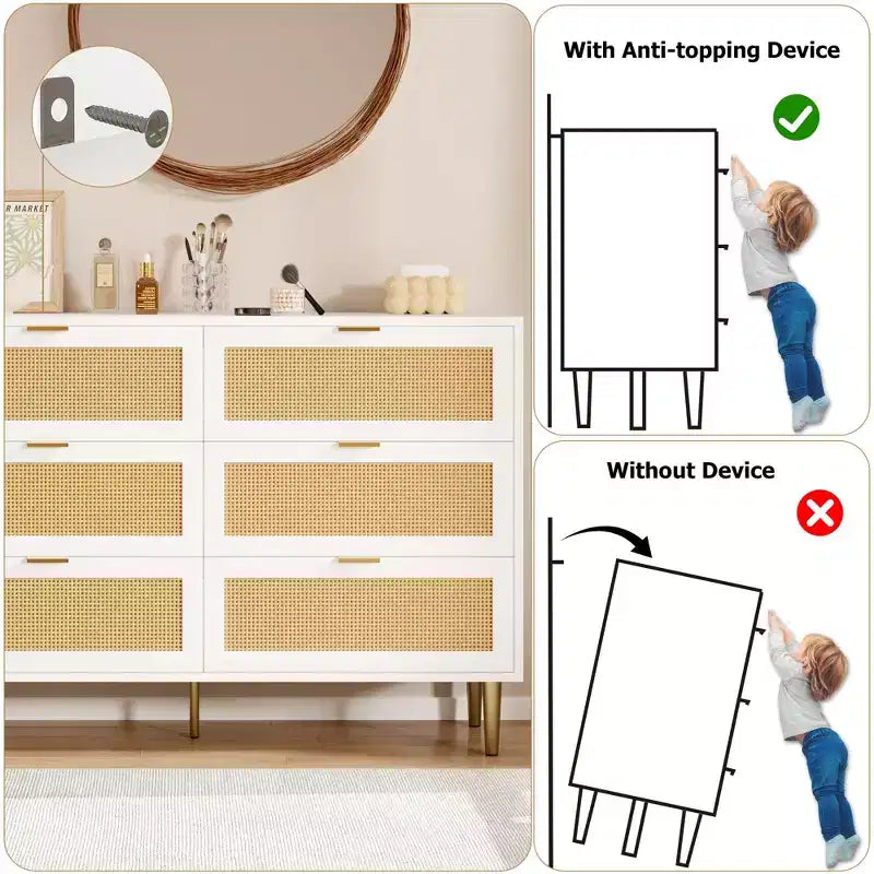 Commode 6 tiroirs en rotin avec pieds et poignées dorés, commode double large moderne avec grand plateau et dispositif anti-basculement pour chambre et salon