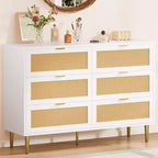 Commode 6 tiroirs en rotin avec pieds et poignées dorés, commode double large moderne avec grand plateau et dispositif anti-basculement pour chambre et salon
