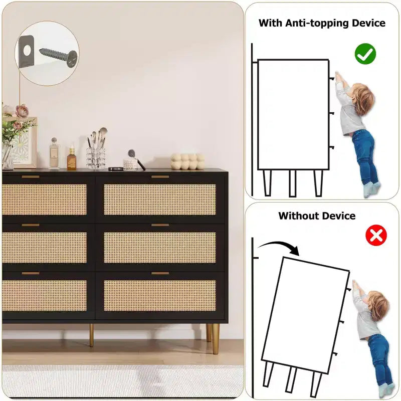Commode 6 tiroirs en rotin avec pieds et poignées dorés, commode double large moderne avec grand plateau et dispositif anti-basculement pour chambre et salon