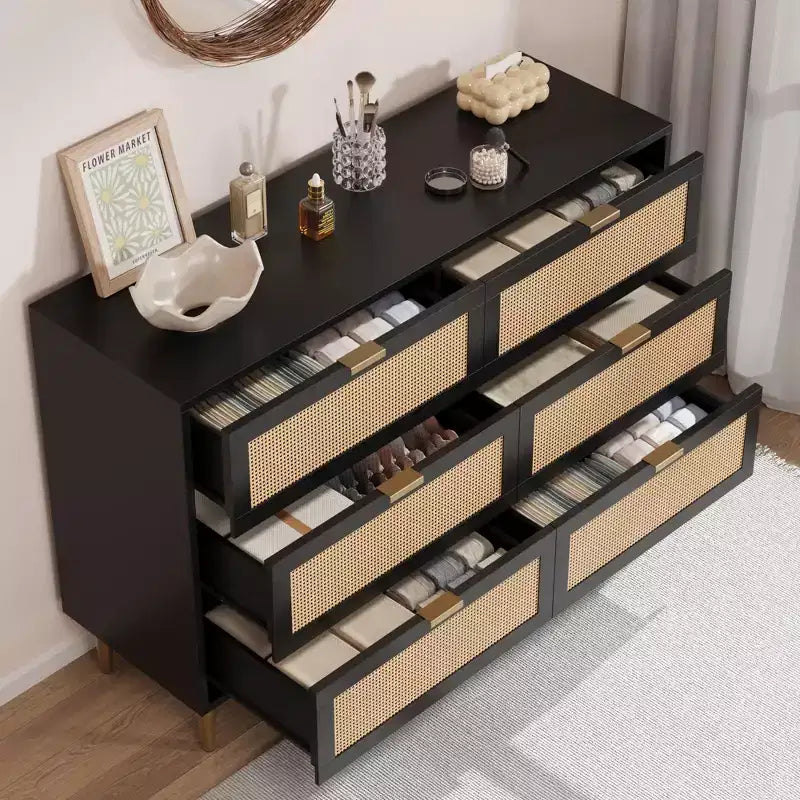 Commode 6 tiroirs en rotin avec pieds et poignées dorés, commode double large moderne avec grand plateau et dispositif anti-basculement pour chambre et salon