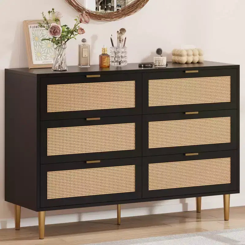 Commode 6 tiroirs en rotin avec pieds et poignées dorés, commode double large moderne avec grand plateau et dispositif anti-basculement pour chambre et salon