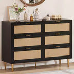 Commode 6 tiroirs en rotin avec pieds et poignées dorés, commode double large moderne avec grand plateau et dispositif anti-basculement pour chambre et salon