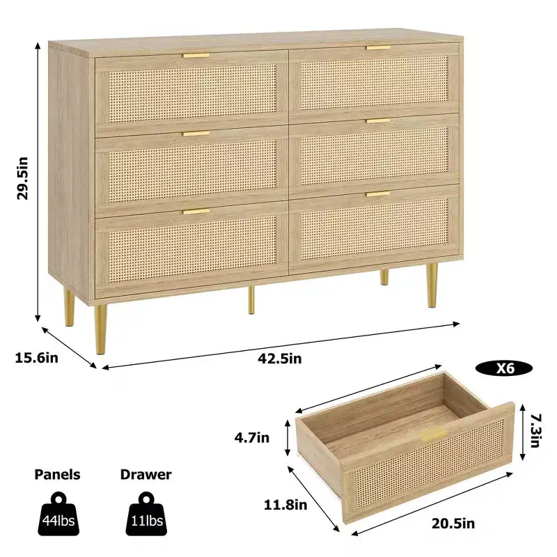 Commode 6 tiroirs en rotin avec pieds et poignées dorés, commode double large moderne avec grand plateau et dispositif anti-basculement pour chambre et salon