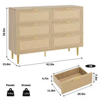 Commode 6 tiroirs en rotin avec pieds et poignées dorés, commode double large moderne avec grand plateau et dispositif anti-basculement pour chambre et salon