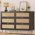 Rattan 6-Drawer Dresser with Gold Legs & Handles, Modern Wide Double Dresser with Large Tabletop & Anti-Tipping for Bedroom & Living Room