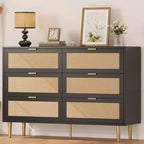 Rattan 6-Drawer Dresser with Gold Legs & Handles, Modern Wide Double Dresser with Large Tabletop & Anti-Tipping for Bedroom & Living Room