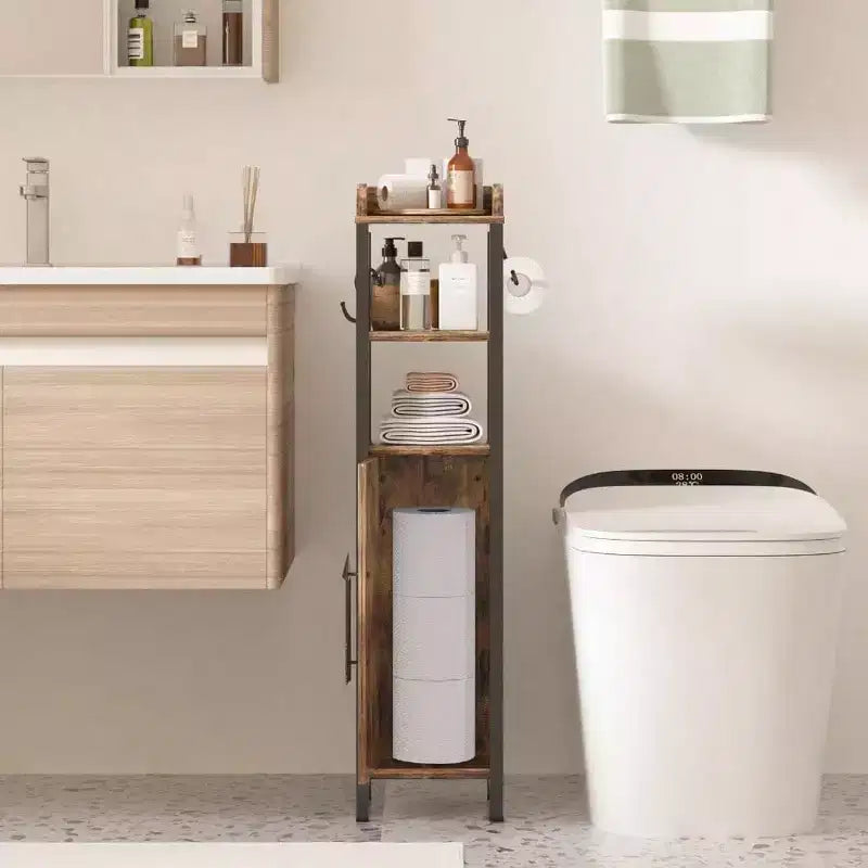 Petit meuble de salle de bain avec porte et 2 étagères, support de papier toilette fin en métal, organiseur de rangement étroit pour petit espace