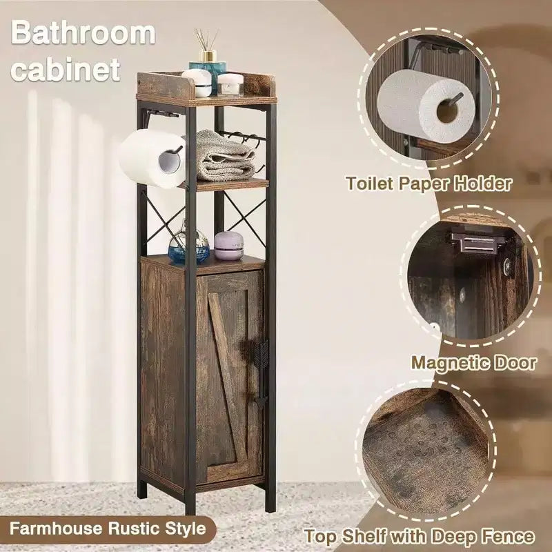 Petit meuble de salle de bain avec porte et 2 étagères, support de papier toilette fin en métal, organiseur de rangement étroit pour petit espace