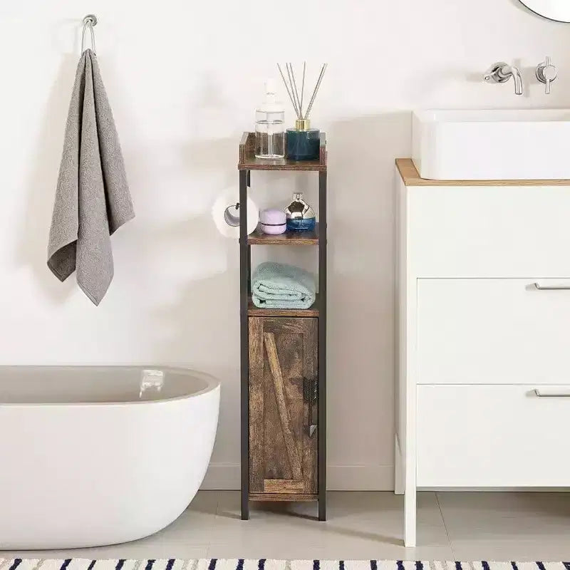 Petit meuble de salle de bain avec porte et 2 étagères, support de papier toilette fin en métal, organiseur de rangement étroit pour petit espace