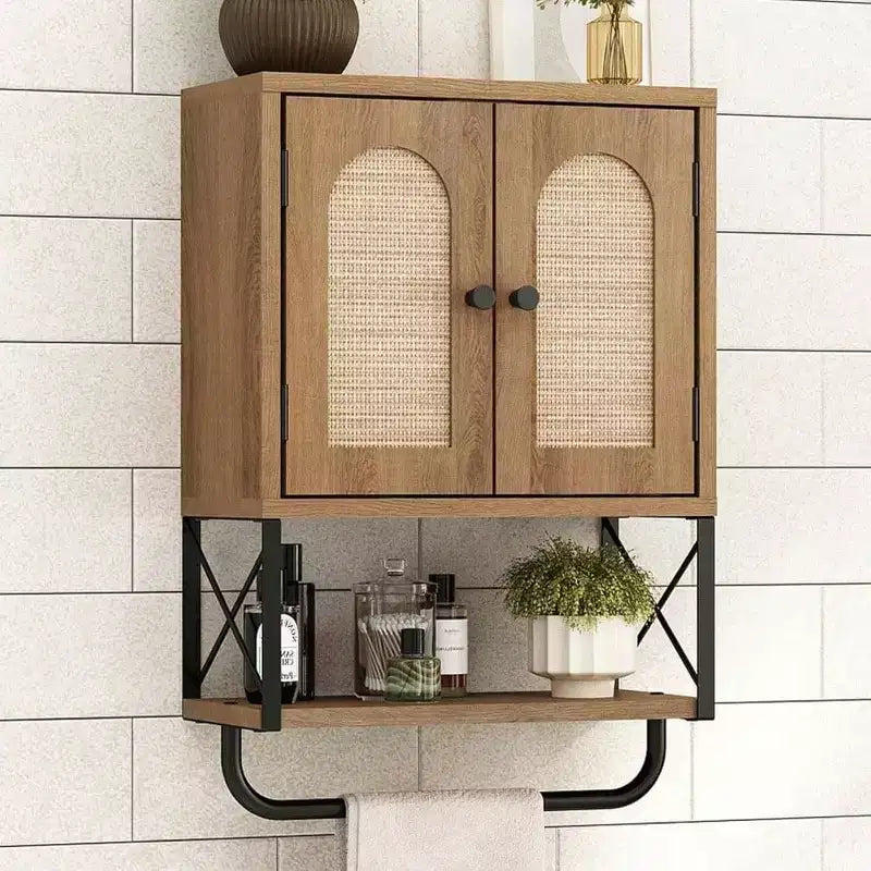 Rattan Bathroom Wall Cabinet Boho Over Toilet Storage with Arched Rattan Doors Modern Cabinet Adjustable Shelves