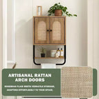 Armoire murale de salle de bain en rotin bohème au-dessus des toilettes avec portes arquées en rotin, armoire moderne avec étagères réglables