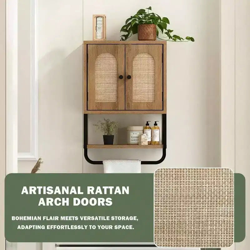 Armoire murale de salle de bain en rotin bohème au-dessus des toilettes avec portes arquées en rotin, armoire moderne avec étagères réglables