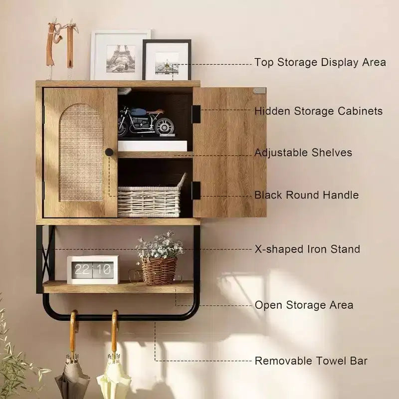 Armoire murale de salle de bain en rotin bohème au-dessus des toilettes avec portes arquées en rotin, armoire moderne avec étagères réglables
