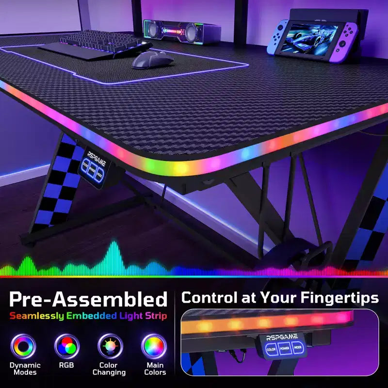 RSPGAME Basic 43 Bureau de jeu lumineux synchronisé avec la musique, support de moniteur ergonomique en forme de X, table de joueur, bureau d'ordinateur avec porte-gobelet et support de casque