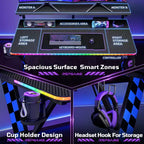 RSPGAME Basic 43 Bureau de jeu lumineux synchronisé avec la musique, support de moniteur ergonomique en forme de X, table de joueur, bureau d'ordinateur avec porte-gobelet et support de casque