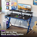RSPGAME Basic 43 Bureau de jeu lumineux synchronisé avec la musique, support de moniteur ergonomique en forme de X, table de joueur, bureau d'ordinateur avec porte-gobelet et support de casque