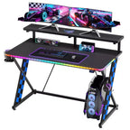 RSPGAME Basic 43 Bureau de jeu lumineux synchronisé avec la musique, support de moniteur ergonomique en forme de X, table de joueur, bureau d'ordinateur avec porte-gobelet et support de casque