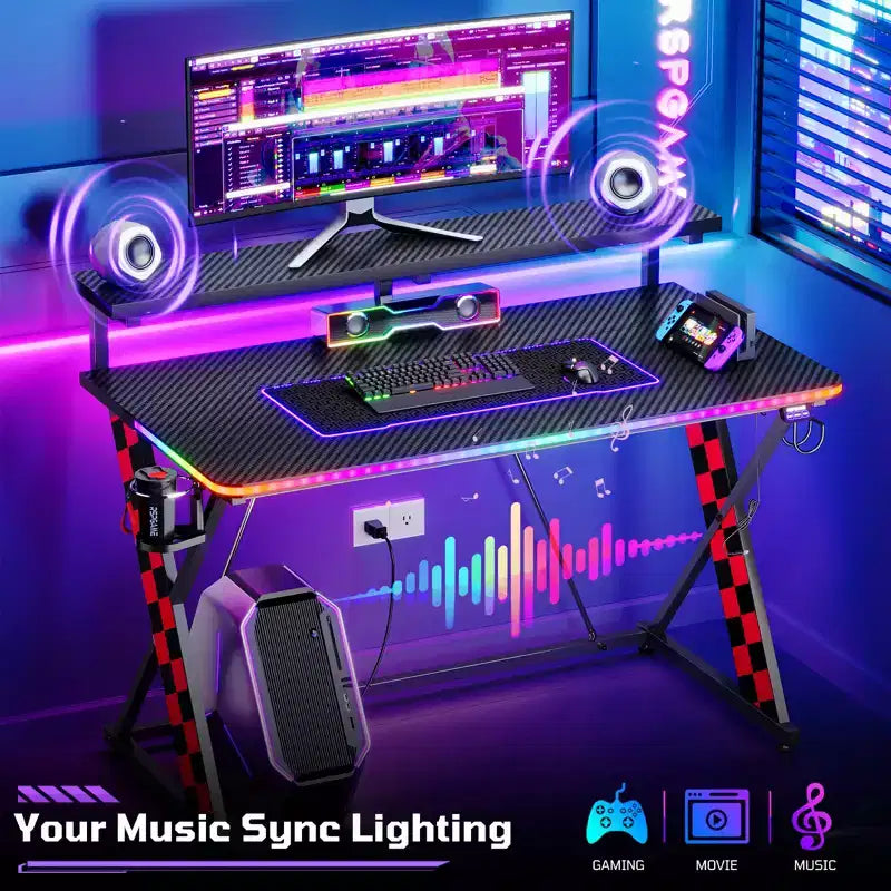 RSPGAME Basic 43 Bureau de jeu lumineux synchronisé avec la musique, support de moniteur ergonomique en forme de X, table de joueur, bureau d'ordinateur avec porte-gobelet et support de casque