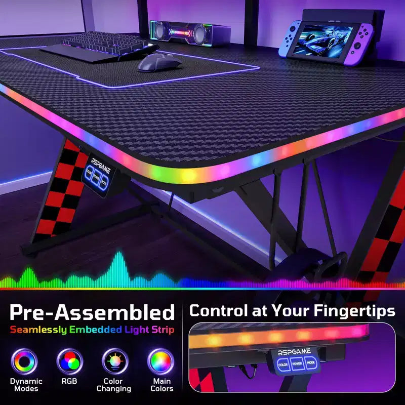 RSPGAME Basic 43 Bureau de jeu lumineux synchronisé avec la musique, support de moniteur ergonomique en forme de X, table de joueur, bureau d'ordinateur avec porte-gobelet et support de casque