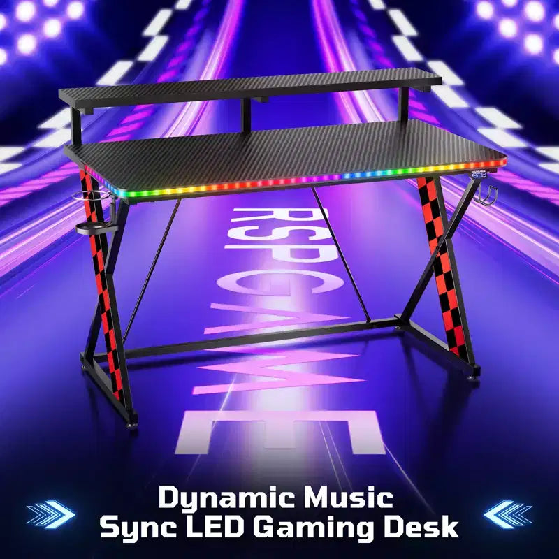 RSPGAME Basic 43 Bureau de jeu lumineux synchronisé avec la musique, support de moniteur ergonomique en forme de X, table de joueur, bureau d'ordinateur avec porte-gobelet et support de casque