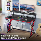 RSPGAME Basic 43 Bureau de jeu lumineux synchronisé avec la musique, support de moniteur ergonomique en forme de X, table de joueur, bureau d'ordinateur avec porte-gobelet et support de casque