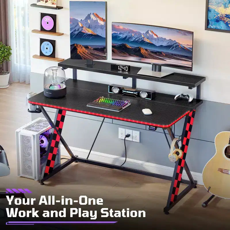RSPGAME Basic 43 Bureau de jeu lumineux synchronisé avec la musique, support de moniteur ergonomique en forme de X, table de joueur, bureau d'ordinateur avec porte-gobelet et support de casque