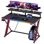 RSPGAME Basic 43 Bureau de jeu lumineux synchronisé avec la musique, support de moniteur ergonomique en forme de X, table de joueur, bureau d'ordinateur avec porte-gobelet et support de casque
