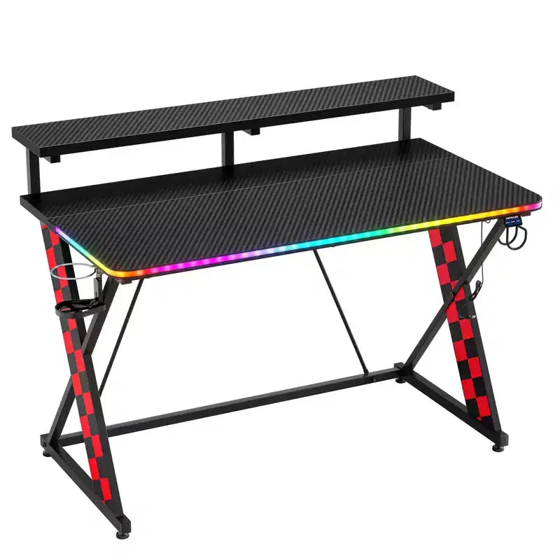 RSPGAME Basic 43 Bureau de jeu lumineux synchronisé avec la musique, support de moniteur ergonomique en forme de X, table de joueur, bureau d'ordinateur avec porte-gobelet et support de casque