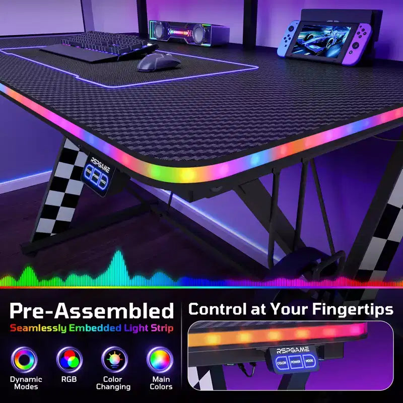 RSPGAME Basic 43 Bureau de jeu lumineux synchronisé avec la musique, support de moniteur ergonomique en forme de X, table de joueur, bureau d'ordinateur avec porte-gobelet et support de casque