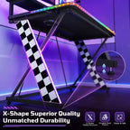 RSPGAME Basic 43 Bureau de jeu lumineux synchronisé avec la musique, support de moniteur ergonomique en forme de X, table de joueur, bureau d'ordinateur avec porte-gobelet et support de casque