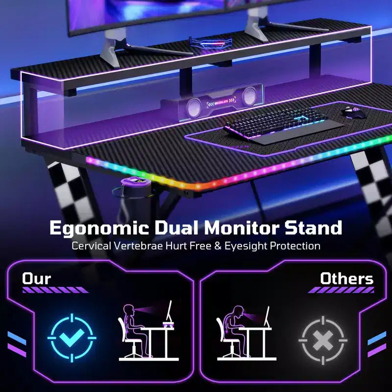 RSPGAME Basic 43 Bureau de jeu lumineux synchronisé avec la musique, support de moniteur ergonomique en forme de X, table de joueur, bureau d'ordinateur avec porte-gobelet et support de casque