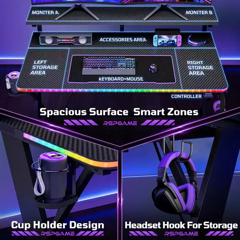 RSPGAME Basic 43 Bureau de jeu lumineux synchronisé avec la musique, support de moniteur ergonomique en forme de X, table de joueur, bureau d'ordinateur avec porte-gobelet et support de casque