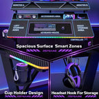 RSPGAME Basic 43 Bureau de jeu lumineux synchronisé avec la musique, support de moniteur ergonomique en forme de X, table de joueur, bureau d'ordinateur avec porte-gobelet et support de casque