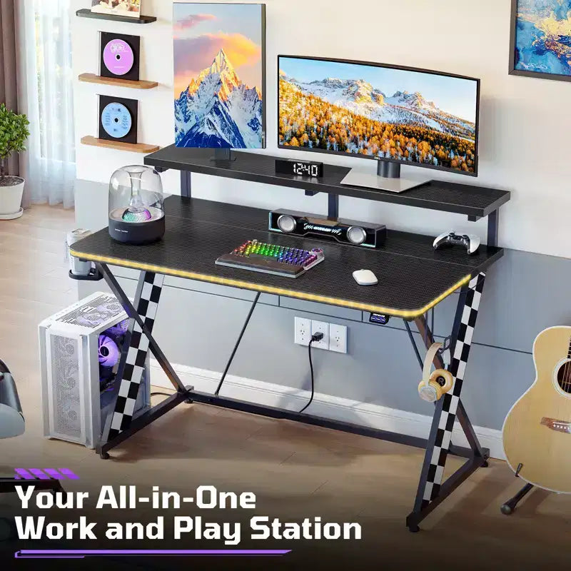 RSPGAME Basic 43 Bureau de jeu lumineux synchronisé avec la musique, support de moniteur ergonomique en forme de X, table de joueur, bureau d'ordinateur avec porte-gobelet et support de casque