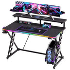 RSPGAME Basic 43 Bureau de jeu lumineux synchronisé avec la musique, support de moniteur ergonomique en forme de X, table de joueur, bureau d'ordinateur avec porte-gobelet et support de casque