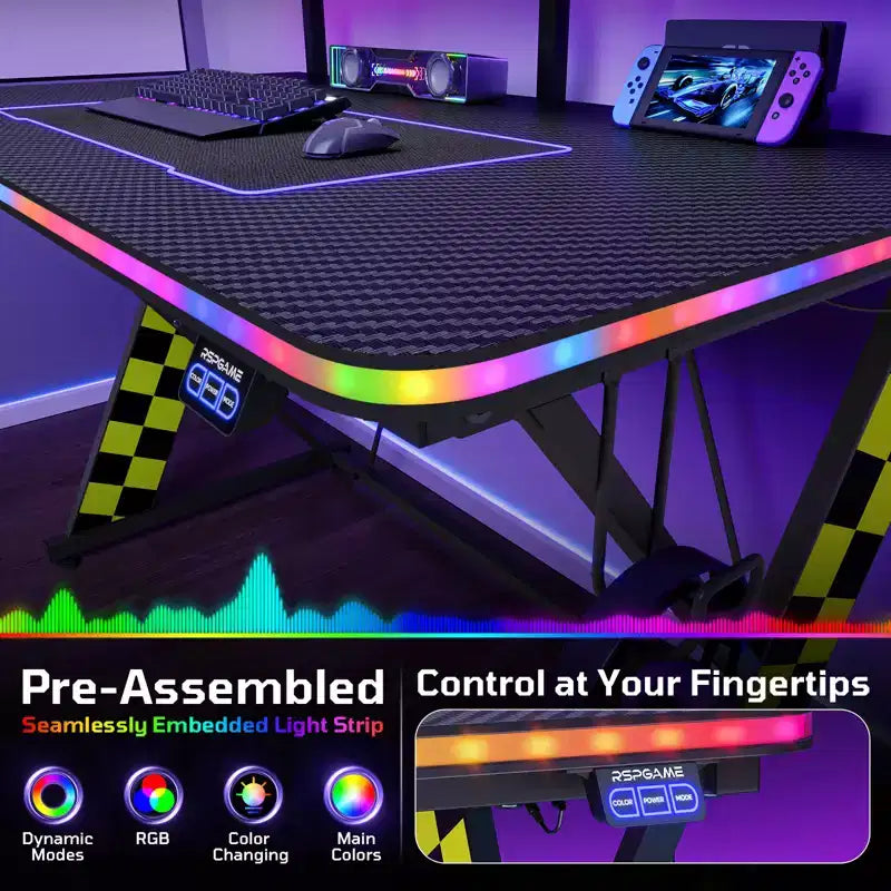 RSPGAME Basic 43 Bureau de jeu lumineux synchronisé avec la musique, support de moniteur ergonomique en forme de X, table de joueur, bureau d'ordinateur avec porte-gobelet et support de casque