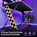 RSPGAME Basic 43 Bureau de jeu lumineux synchronisé avec la musique, support de moniteur ergonomique en forme de X, table de joueur, bureau d'ordinateur avec porte-gobelet et support de casque