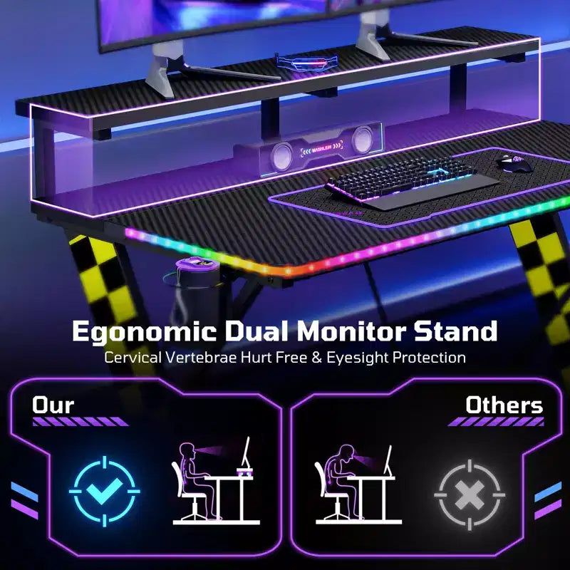 RSPGAME Basic 43 Bureau de jeu lumineux synchronisé avec la musique, support de moniteur ergonomique en forme de X, table de joueur, bureau d'ordinateur avec porte-gobelet et support de casque
