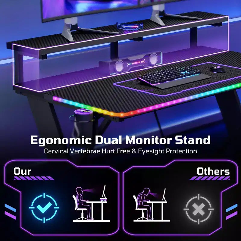 RSPGAME Basic 43 Bureau de jeu lumineux synchronisé avec la musique, support de moniteur ergonomique en forme de X, table de joueur, bureau d'ordinateur avec porte-gobelet et support de casque