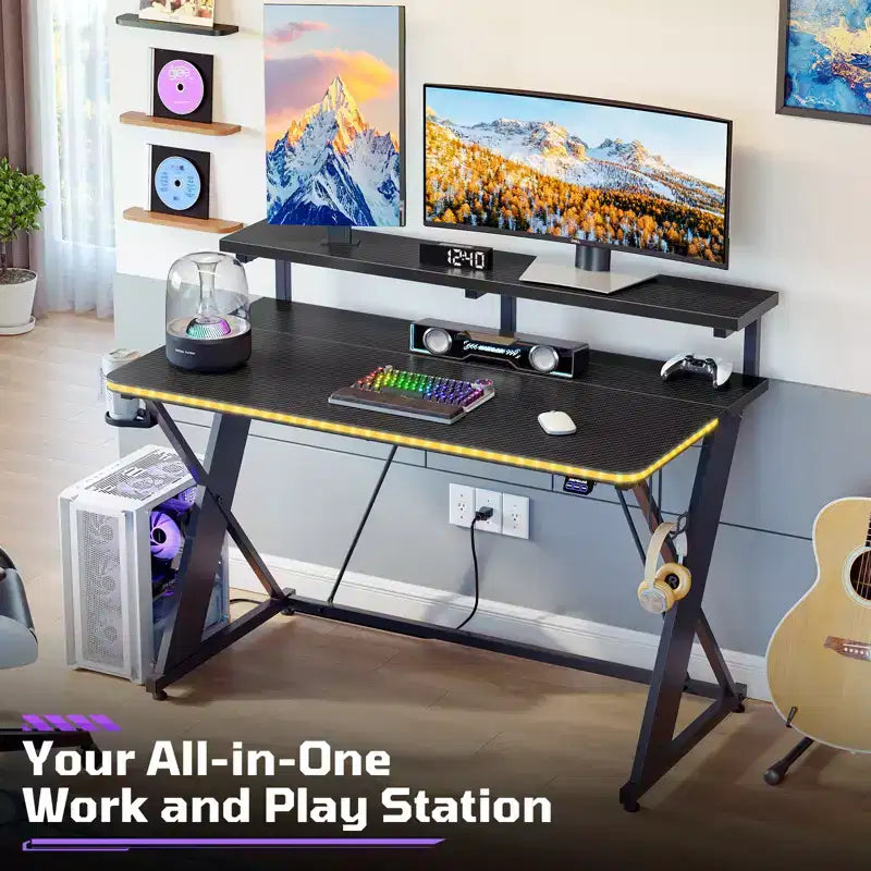 RSPGAME Basic 43 Bureau de jeu lumineux synchronisé avec la musique, support de moniteur ergonomique en forme de X, table de joueur, bureau d'ordinateur avec porte-gobelet et support de casque