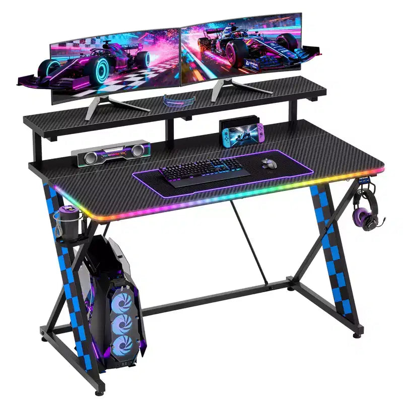 RSPGAME Basic 43 Bureau de jeu lumineux synchronisé avec la musique, support de moniteur ergonomique en forme de X, table de joueur, bureau d'ordinateur avec porte-gobelet et support de casque