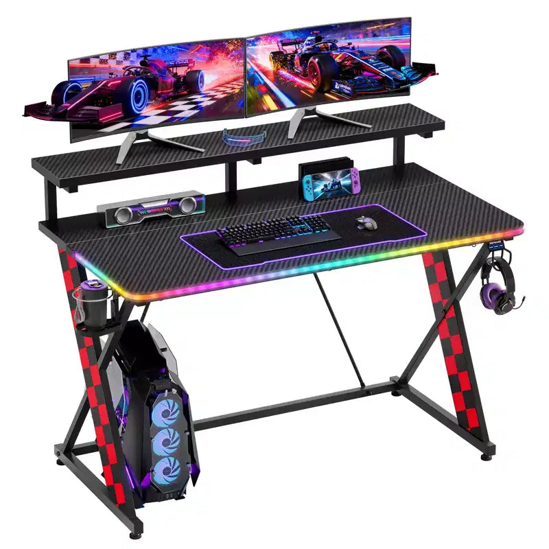 RSPGAME Basic 43 Bureau de jeu lumineux synchronisé avec la musique, support de moniteur ergonomique en forme de X, table de joueur, bureau d'ordinateur avec porte-gobelet et support de casque