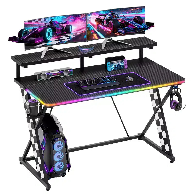 RSPGAME Basic 43 Bureau de jeu lumineux synchronisé avec la musique, support de moniteur ergonomique en forme de X, table de joueur, bureau d'ordinateur avec porte-gobelet et support de casque